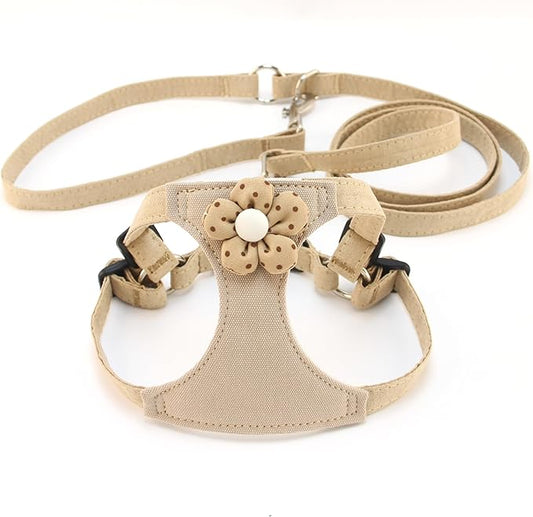 Small Dog Harness with Leash and Flower, Cute Breathable Puppy Harness Easy for Walking, No Pull No Choke Escape Proof Pet Harness, Brown S