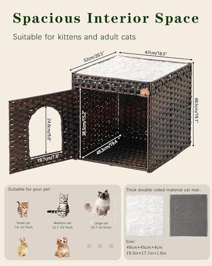 Cat Beds for Indoor Cats Extra Large Double Cat Cave Pet Cube, Handwoven Rattan Cat Houses with Double-Sided Soft Cushions, 18.5 x 20.5 x 19.1 Inches Foldable Hideaway in Living Room Brown