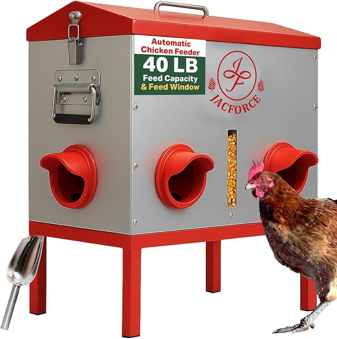 Automatic Chicken Feeder – 40lb No Waste Metal Poultry Feeder with 6 Ports, Locking Lid & Raised Legs – Stops Feed Waste & Constant Refills for Happy Chickens & Clean Coops