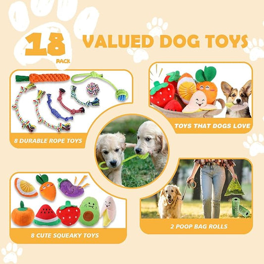 MRSOHRET 18 Pack Dog Toys Puppy Teething Toys, Puppy Essentials Chew Toy Bundle with Squeaky Toy and Interactive Rope for Small Dogs to Keep Them Busy