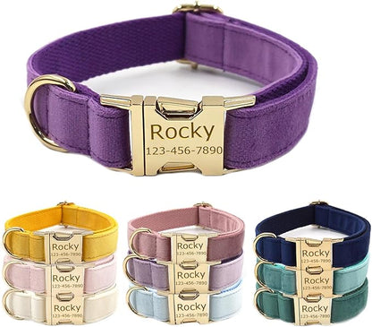 Personalized Velvet Dog Collars with Pet Name Phone Number Engraved, Custom Adjustable Soft Collar with Metal Buckle for Small Medium Large Dogs, Dog Leash and Bow Tie Available -Dark Purple