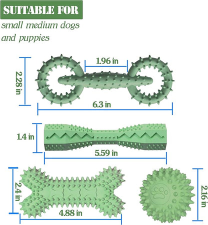 4 Pack Puppy Toys for 2-8 Months Pets Dog Chew Toy for Small Puppies Teething Toys for Cleaning Teeth Food Dispensing Soft Durable Rubber Bone Funny Ball Interactive Donut Treat Dumbbell (Green)