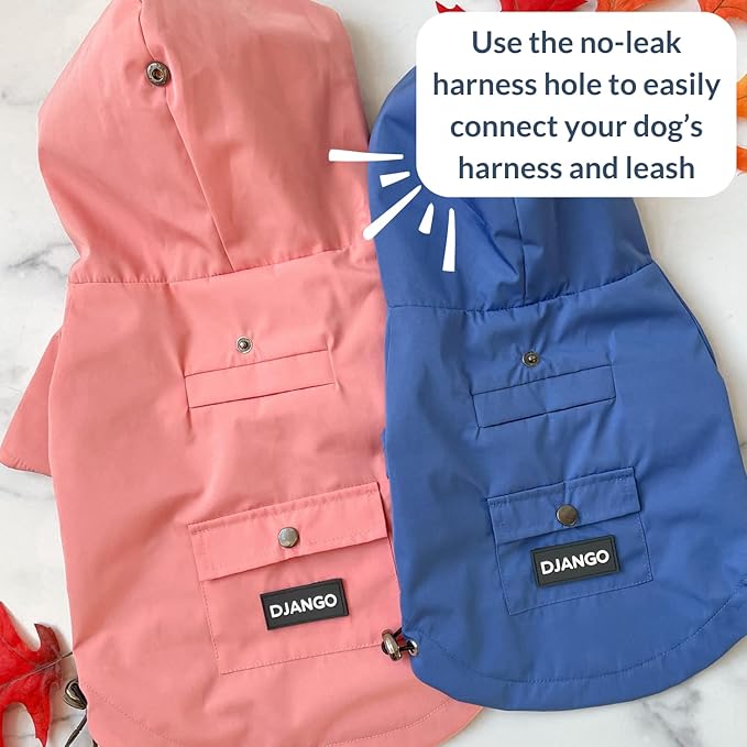 DJANGO Highland Dog Jacket & Raincoat – Water-Repellent, Lined Dog Coat with Hood, Adjustable Fit & Harness Hole – Lightweight Rain & Wind Jacket for Small & Medium Dogs up to 30 lbs (Pink, Large)