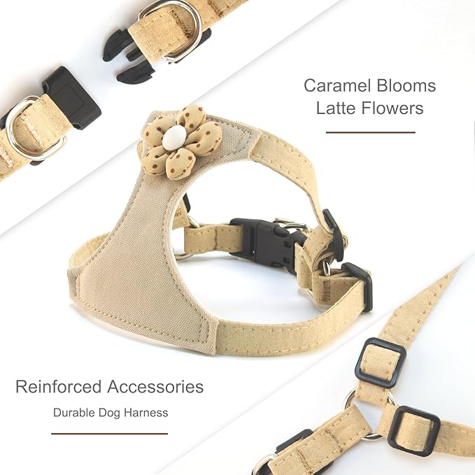 Dog Harness with Leash and Flower, Cute Breathable Puppy Harness Easy for Walking, No Pull No Choke Escape Proof Pet Harness, Brown M