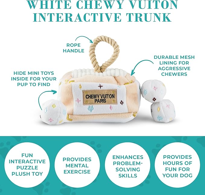 Haute Diggity Dog White Chewy Vuiton Trunk Activity House, Plush Designer Dog Toys with Interactive Squeaker, Stimulating Pet Enrichment, Machine-Washable & Safe Materials for All Breeds, One Size