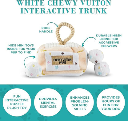 Haute Diggity Dog White Chewy Vuiton Trunk Activity House, Plush Designer Dog Toys with Interactive Squeaker, Stimulating Pet Enrichment, Machine-Washable & Safe Materials for All Breeds, One Size