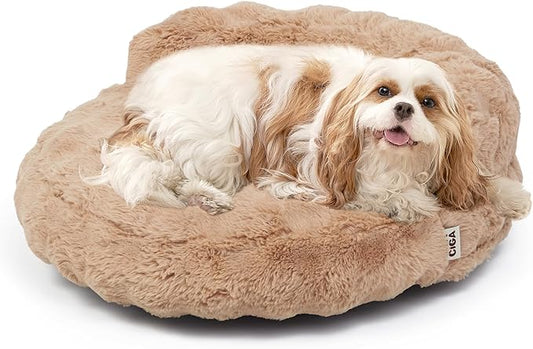 EHEYCIGA Small Dog Bed and Cat Couch - Fluffy Faux Rabbit Fur Pet Sofa with Washable Removable Cover, Waterproof and Non-Slip, 26 Inch, Camel