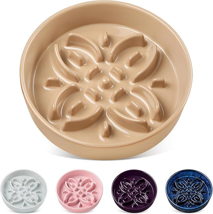 vancasso Ceramic Slow Feeder Dog Bowls, Puzzle Dog Food Bowls with Floral Maze, Anti -Slip Pet Food Dish for Small Breed, 0.6 Cups, Brown