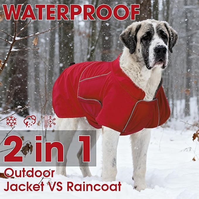 ROZKITCH Dog Raincoat Jacket, Waterproof Sweater with Fleece Liner and Leash Hole Reflective Strip for Small Medium Dog, Adjustable Windproof Poncho Vest for Outdoor Hiking Travel Red M