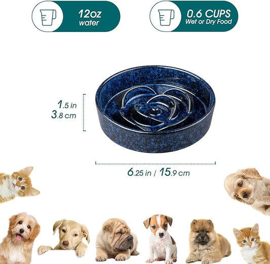 vancasso Slow Feeder Dog Bowl, 0.6 Cups Ceramic Dog Food Dish for Fast Eaters Small Breed, Puzzle Bowl for Small Dogs and Cats, Blue