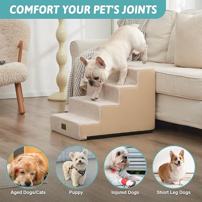 Dog Stairs for Small Dogs, 4 Tier Pet Stairs for Couch and Beds, 17.7" H Non-Slip Dog Steps for Old Cats, Puppy, Small Medium Dogs, 15.7x23.6x17.7 inch, Beige