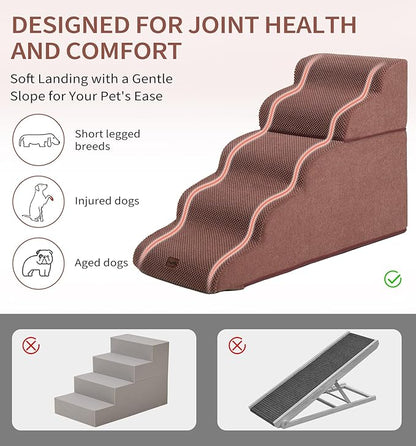 Made4Pets Dog Stairs Ramp for High Bed 22.8" H, 5-Step Pet Stairs for Bed Couch Sofa Climbing, 35D Foam Pet Steps for Small Dogs and Cats, Non-Slip Bottom Dog Steps, Brown