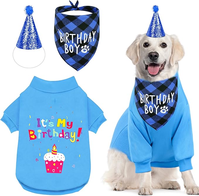 GreenJoy Dog Birthday Party Outfit Decoration Set Supplies - Birthday Bandana, Sweater & Party Hat Gift for Small, Medium & Extra Large Dogs Girl and Boy (Medium, Birthday Blue)