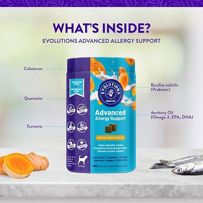 NaturVet Evolutions Advanced Allergy Support 180ct Soft Chews for Dogs - Omega-3, Anchovy Oil, Colostrum, Turmeric, Quercetin, Probiotic - Help Maintain Normal Histamine Levels