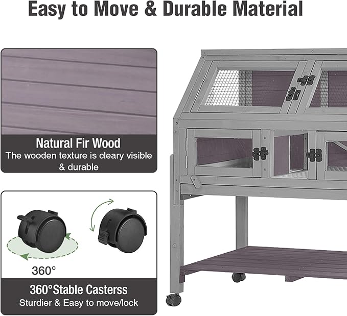 Large Guinea Pig Cages Indoor with Wheels, Wooden Rabbit Hutch with Plastic Floor and Zinc Cool Plate, Anti-Chewing Ramp, Small Animal Habitat with Leakproof Tray for Hamster, Chinchillas, Rats