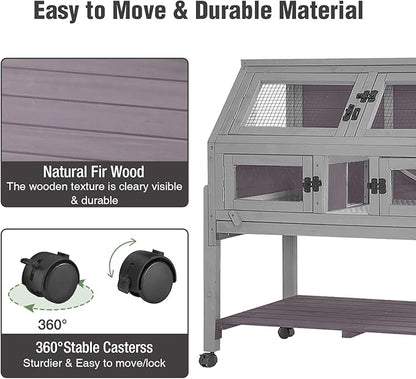 Large Guinea Pig Cages Indoor with Wheels, Wooden Rabbit Hutch with Plastic Floor and Zinc Cool Plate, Anti-Chewing Ramp, Small Animal Habitat with Leakproof Tray for Hamster, Chinchillas, Rats