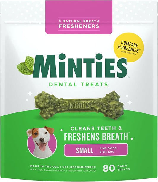 Minties Dog Dental Bone Treats, Tiny/Small Dental Dog Treats, Clean Teeth, Fight Bad Breath, Removes Plaque and Tartar, 80 Count