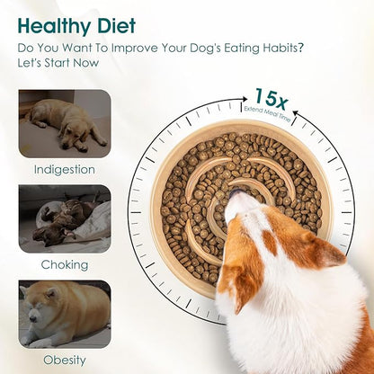 vancasso Slow Feeder Dog Bowl, 1.5 Cups Ceramic Slow Feeder for Medium Breed, Puzzle Maze Dog Food Bowl for Fast Eater, Khaki