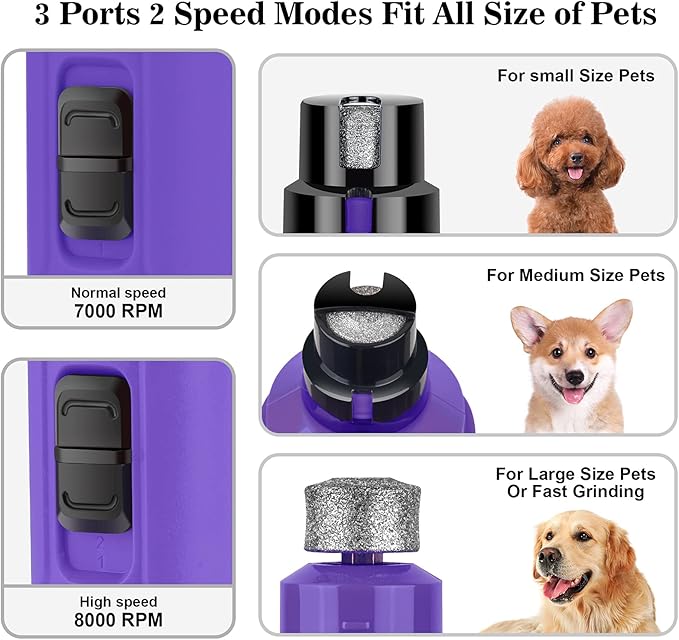 BOUSNIC Dog Nail Grinder with 2 LED Light - Super Quiet Pet Nail Grinder Powerful 2-Speed Electric Dog Nail Trimmer File Toenail Grinder for Puppy Small Medium Large Breed Dogs & Cats (Purple)