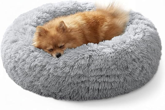 JOLLYVOGUE Small Dog & Cat Beds for Indoor Cats, Donut Cuddler Warming Soft Dog Beds with Anti-Slip Bottom, Round Calming Fluffy Plush Faux Fur Cushion Bed for Small Dogs (20", Smoke Grey)