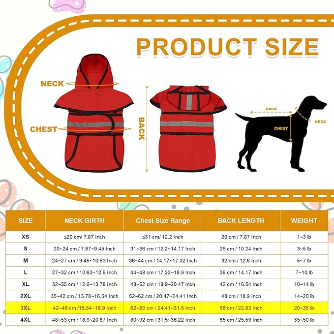 Dog Raincoat, Dog Rain Jacket Waterproof Jacket Reflective Adjustable Hooded Pet Rain Coat with Leash Hole, (Red, 3XL), Intended for Large Medium Small Puppies