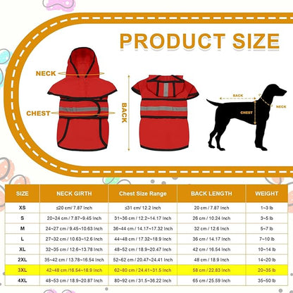 Dog Raincoat, Dog Rain Jacket Waterproof Jacket Reflective Adjustable Hooded Pet Rain Coat with Leash Hole, (Red, 3XL), Intended for Large Medium Small Puppies