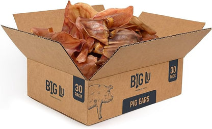 Big Lu – Whole Pig Ears for Dogs, Bulk 30 Count, All-Natural Single-Ingredient Pork Treats for Medium and Large Dogs, Easily Digestible, Supports Joint Health with Glucosamine and Chondroitin