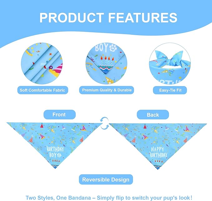 Dog Birthday Bandana for Large and X-Large Boy Dogs - Reversible Blue Confetti Party Print Scarf - Adjustable Pet Costume for Celebrations & Photos