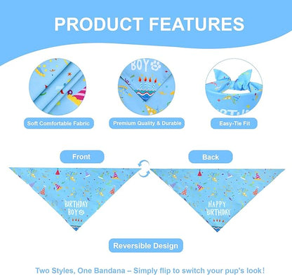 Dog Birthday Bandana for Large and X-Large Boy Dogs - Reversible Blue Confetti Party Print Scarf - Adjustable Pet Costume for Celebrations & Photos