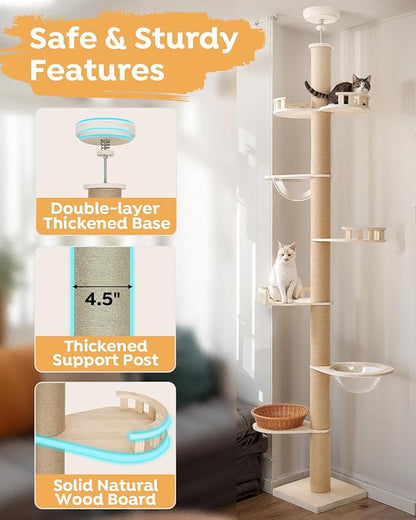 Veehoo Floor to Ceiling Cat Tree Height(106-123 Inch) Adjustable, Sturdy Tall Cat Tree with 4.3" Thickened Scratching Posts, Floor to Ceiling Cat Tower for Indoor Cats
