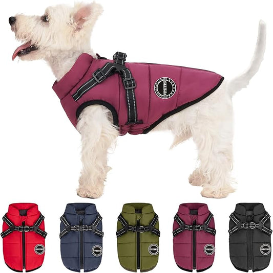 Winter Coat - Dog Jacket Padded Fleece Vest with Built-in Harness, Waterproof, Windproof & Reflective - Adjustable Snow Pet Coat for Small & Medium Dogs