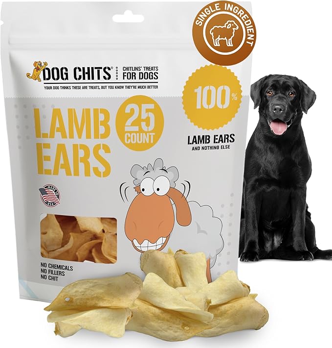 Dog Chits Lamb Ears for Dogs – 100% Natural Baked Lamb Ear Dog Treats – Grain-Free, High Protein, Lower Fat Training Chews – Dental Health & Joint Support – for Large, Medium Dogs – 25 Pack
