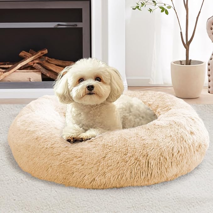 JOLLYVOGUE Small Dog & Cat Beds for Indoor Cats, Donut Cuddler Warming Soft Dog Beds with Anti-Slip Bottom, Round Calming Fluffy Plush Faux Fur Cushion Bed for Medium Dogs (27", Off White)