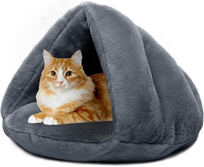 Plush Cat Cave Tent Bed Self Warming Pet Bed Washable Portable Sleeping Bag for Indoors Cats and Puppy (Grey)