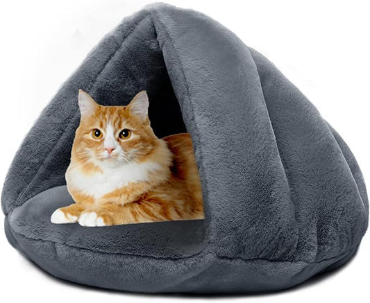 Plush Cat Cave Tent Bed Self Warming Pet Bed Washable Portable Sleeping Bag for Indoors Cats and Puppy (Grey)