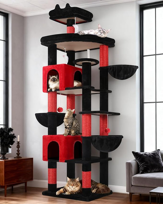Globlazer Extra Large Gothic Cat Tree Tower, 82in Tall Goth Heavy Duty Cat Tree for Indoor Cats Large Adult Big Cat Tower with 8 Scratching Posts, 2 Condos, 2 Perches, 3 Basket Beds, S82, Red Black