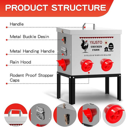 YXJSTO 40LB 6 Ports Large Automatic Chicken Feeder, No-Waste Metal Poultry Feeder, Chicken Feeder Box with Adjustable Legs & Locking Lid