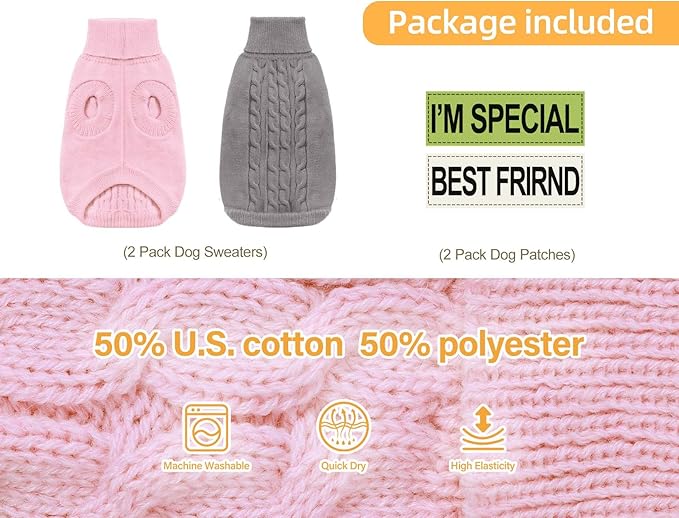 2 Pack Dog Sweaters for Small Dogs - Puppy Medium/Large Size Warm Clothes Winter, Turtleneck Pullover Design for Male Girl Pet, Doggie, Kitten Chihuahua Bulldog Pug Beagles (XL, Grey. Pink)