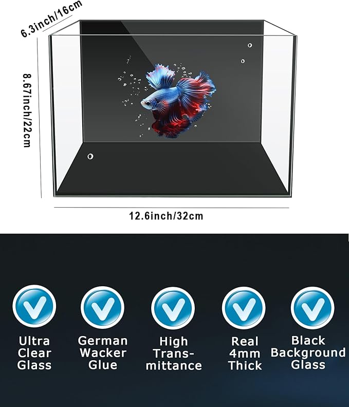 iPriro Fish Tank, 3 Gallon Ultra-Clear Glass Fish Aquarium, with Separator Plate for Betta, Fish Tank Starter kit with Filter and Led Light, Black