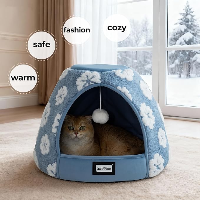 BALANCE Cat Beds for Indoor Cats, 2-in-1 Cat Bed Cave with Anti-Slip Bottom and Ultra-Soft Plush, Cozy Cats House Tent for Kittens and Small Dogs, 21 Inches, Blue
