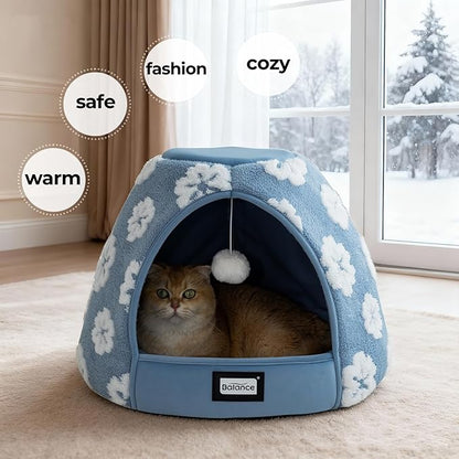 BALANCE Cat Beds for Indoor Cats, 2-in-1 Cat Bed Cave with Anti-Slip Bottom and Ultra-Soft Plush, Cozy Cats House Tent for Kittens and Small Dogs, 21 Inches, Blue