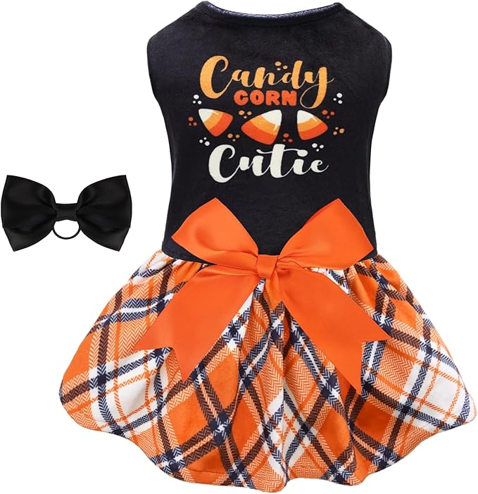 CuteBone Halloween Dog Dresses Velvet Holiday Small Dogs Clothes Onesie Pet Apparel Girl Puppy Skirt with Bow Hair Rope CVA45L-D