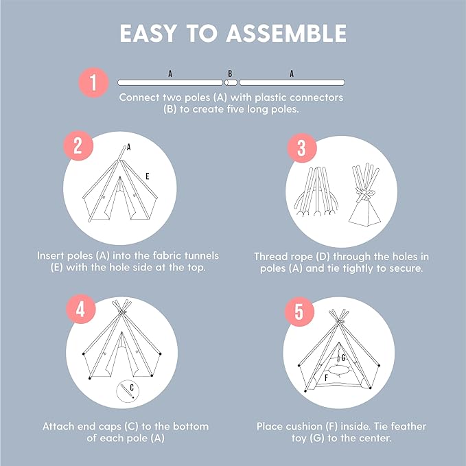 The Cat Ladies Cat Teepee - White Small Dog Tent Bed with a Soft Inner Cushion - Indoor Pet Teepee with Wooden Poles for Cats Dogs Rabbit and Bunny - with Feather Toys