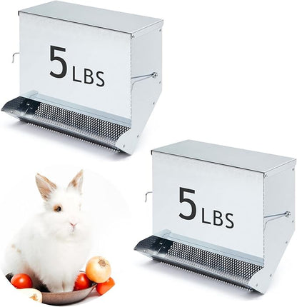Maxcheck 2 Pcs Rabbit Feeder for Cages Small Animal Food Dispenser with Lid Metal Chicken Grit Oyster Shell Feeders Outside (11.8 Inches,Mesh Bottom,Silver)