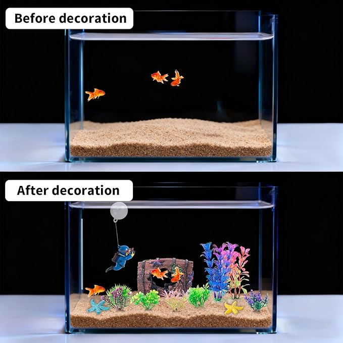 COMSUN 12 PCS Aquarium Decoration Broken Barrel Set, Plastic Aquarium Plants, Resin Floating Diver Fish Tank Decorations & Resin Starfish, Small Fish Tank Ornaments for Pet Fish to Hideout and Rest
