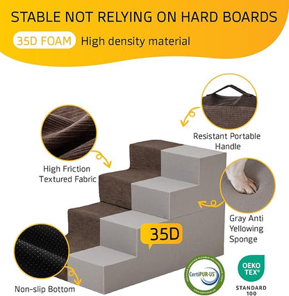 Dog Stairs for High Bed, Dog Steps for Bed Couch Sofa, 35D Foam Extra Wide Pet Steps for Small Dogs and Cats, Pet Stairs with Non-Slip Bottom Brown, 4 Steps