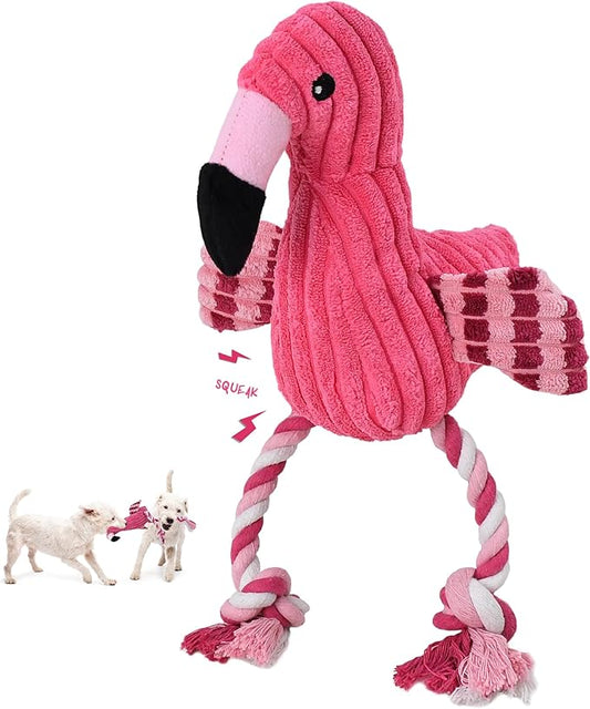 Squeaky Dog Toys - Plush Dog Toys with Soft Durable Fabric for Small Medium Large Breeds, Interactive Tug of War Rope Chew Toys, Teeth Cleaning, Dental Care, and Keep Dogs Busy (Flamingo-Red)