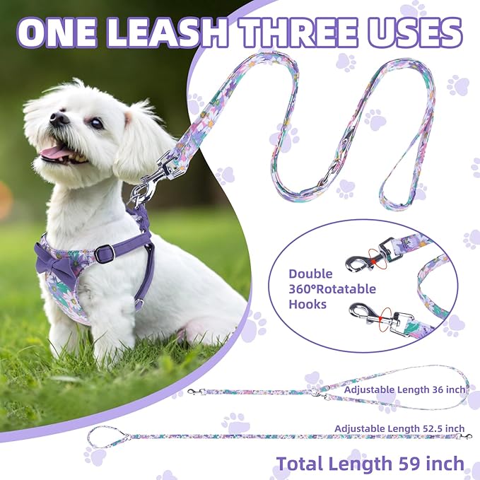 PUPTECK Dog Harness and Leash Set Small Sized, Step-in Cute Puppy Harness, Soft Lightweight Padded Vest, Escape Proof No Pull Pet Harnesses Easy for Walking, Flower Purple, XS