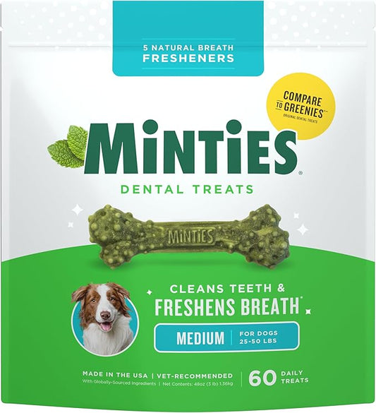Minties Dental Chews for Dogs, 8 Count, Vet-Recommended Mint-Flavored Dental Dog Treats for Medium Dogs, Bones Clean Teeth, Fight Bad Breath, and Removes Plaque and Tartar