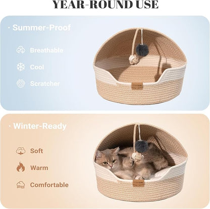 CHEERPALS Cat Basket Bed for Indoor Cats, Covered Pet Bed with Washable Cushion and Ball Rope Cotton Bed for Medium and Large Cat, All Season Universal(White)